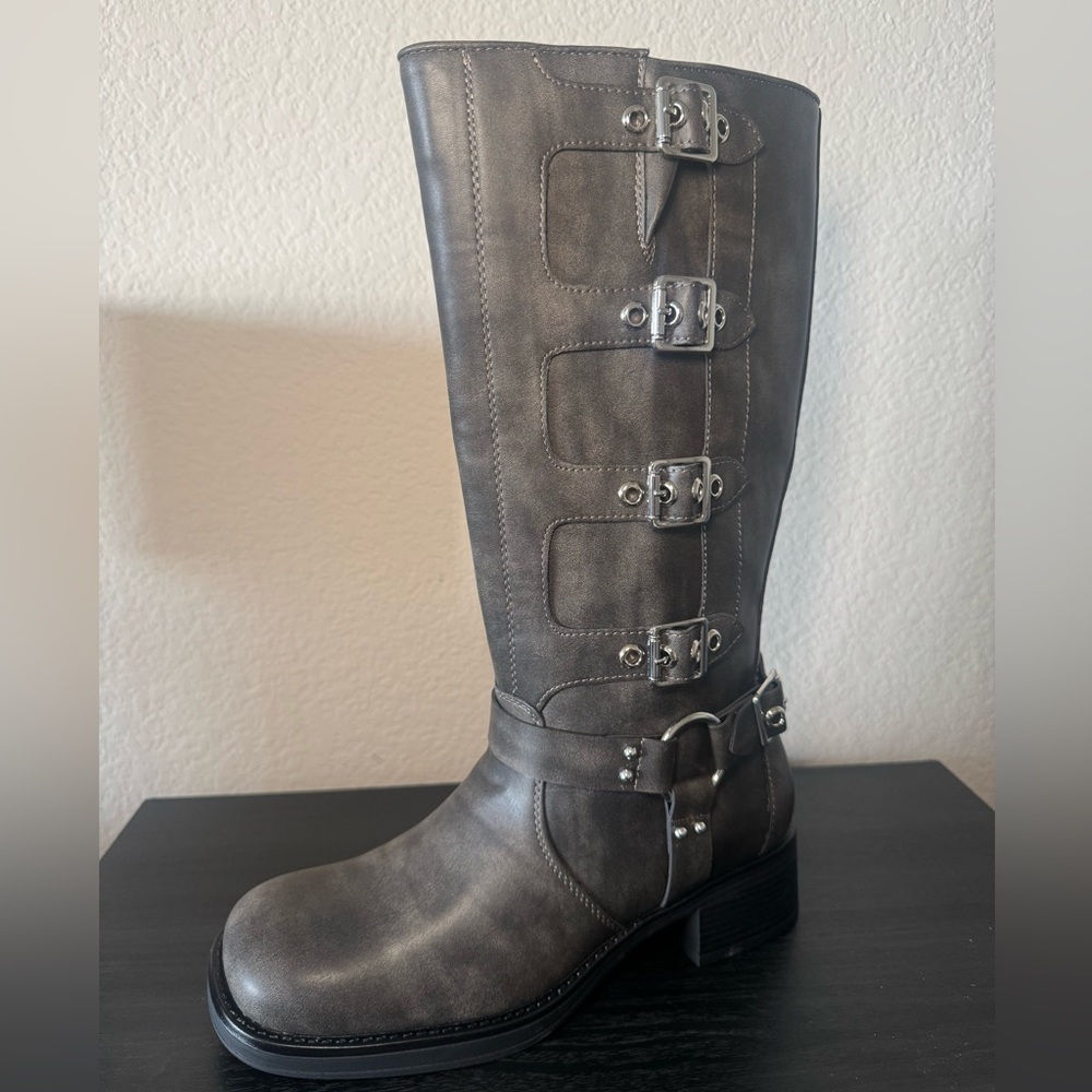 Gray Washed Buckle Boots